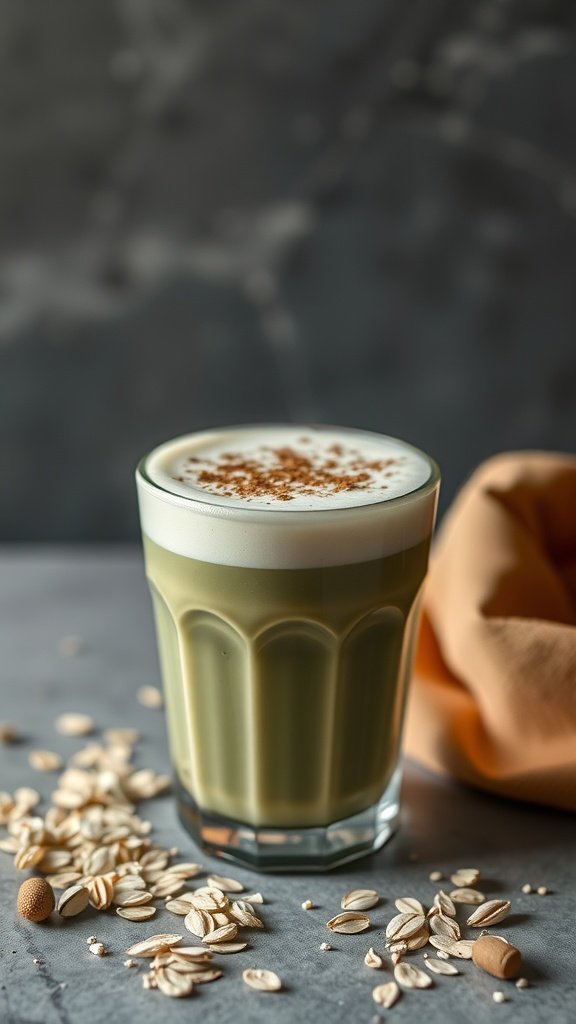 A glass of classic matcha latte with oat milk topped with cinnamon