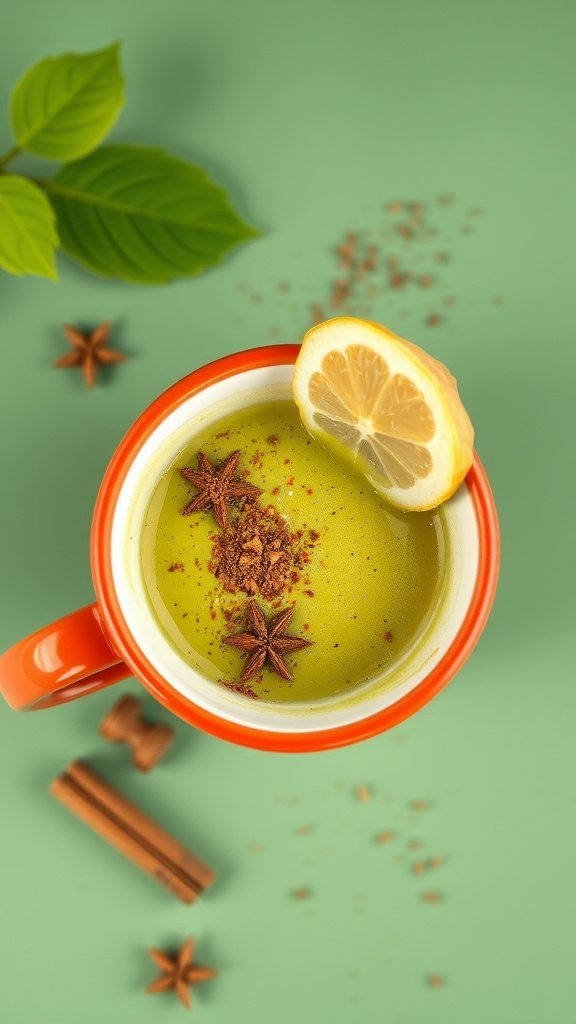 A vibrant matcha latte topped with star anise and a lemon slice, showcasing a warm and spicy flavor.