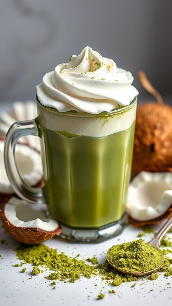 A delicious matcha latte topped with coconut cream and a sprinkle of matcha powder.