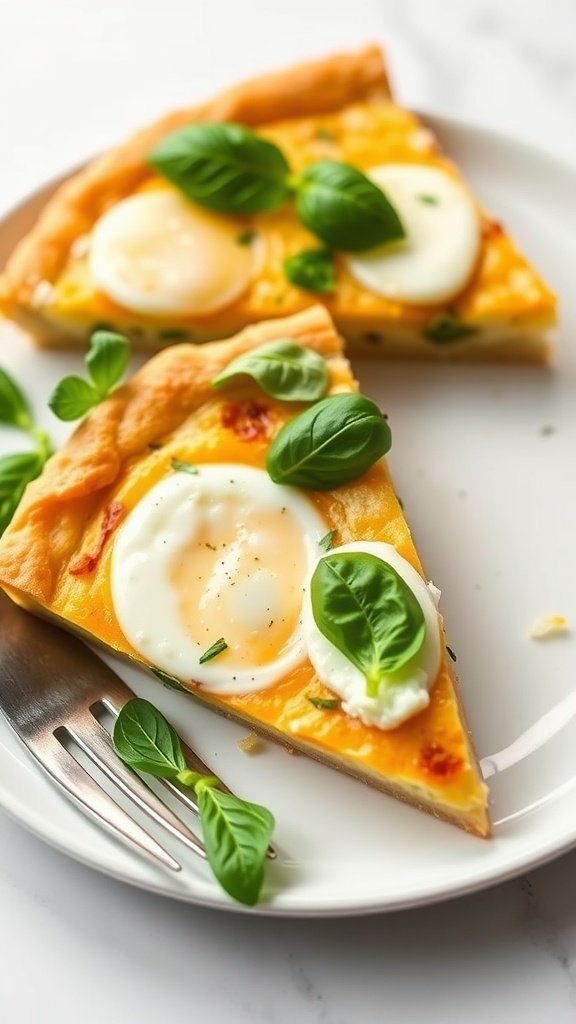 Slice of mozzarella and basil quiche garnished with basil leaves on a plate