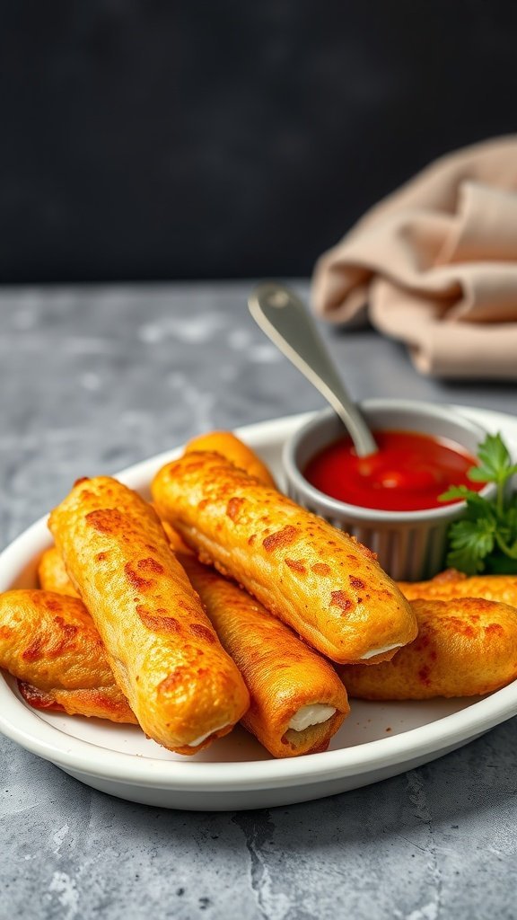 Delicious baked mozzarella sticks with a side of marinara dip.