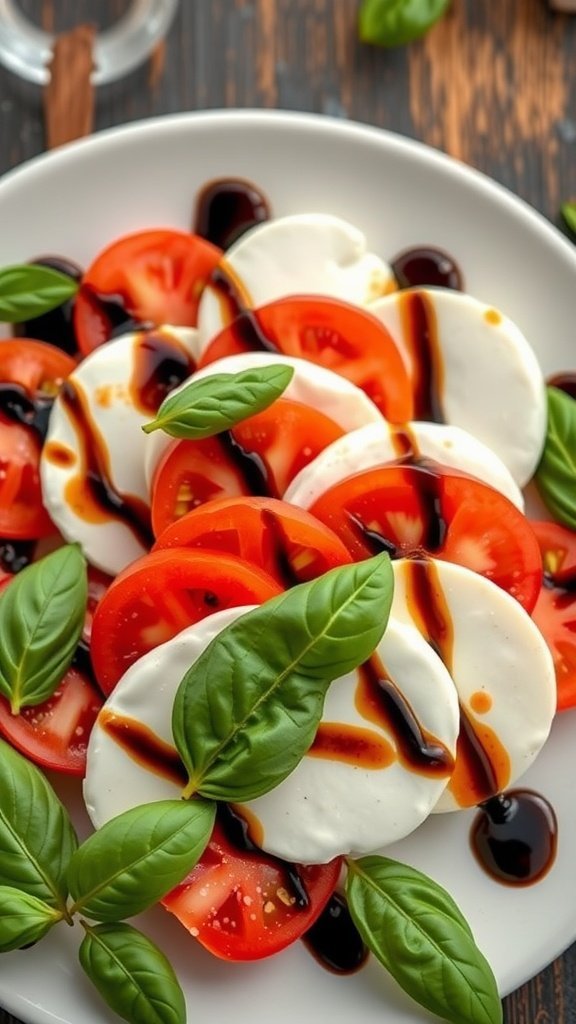 A vibrant Caprese salad featuring slices of mozzarella and tomatoes, garnished with fresh basil and balsamic reduction.