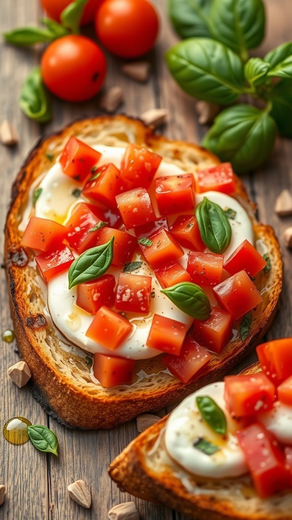 Delicious mozzarella and tomato bruschetta on toasted baguette slices, garnished with fresh basil.