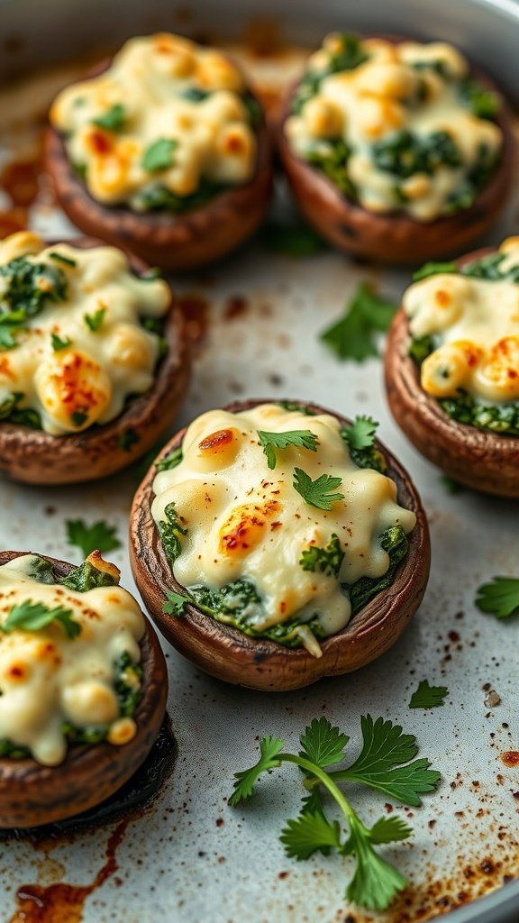 Mozzarella and spinach stuffed mushrooms on a baking tray