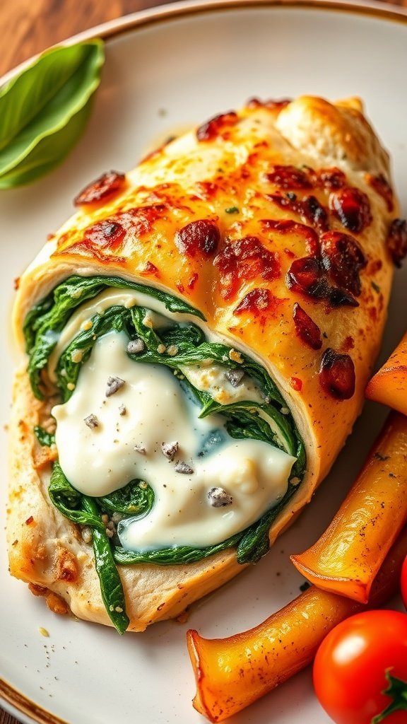 Stuffed chicken breast with mozzarella and spinach on a plate