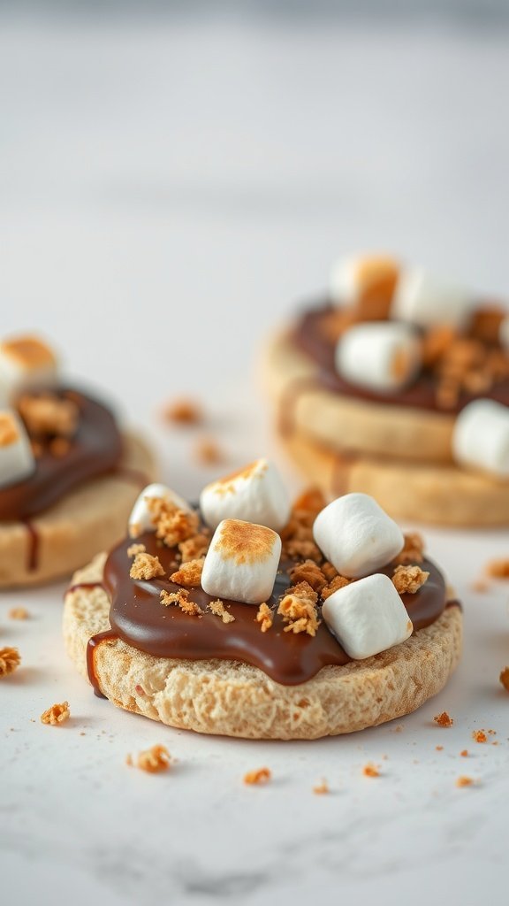 Delicious S’mores English Muffins topped with chocolate, marshmallows, and graham cracker crumbs.