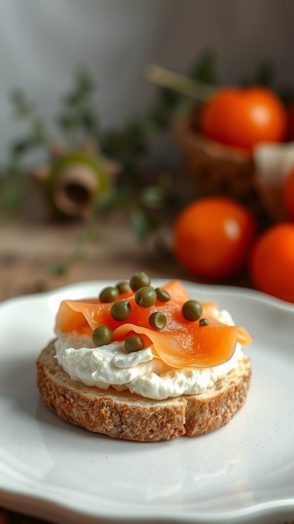 A smoked salmon and cream cheese muffin topped with capers and garnished with fresh herbs.