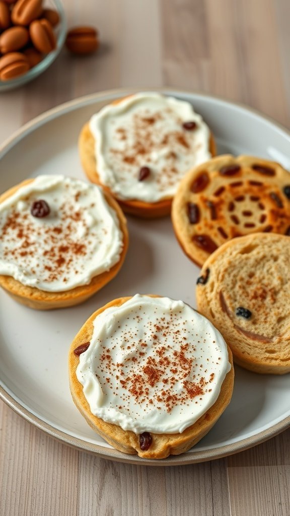 Delicious cinnamon raisin muffins topped with cream cheese icing and cinnamon.