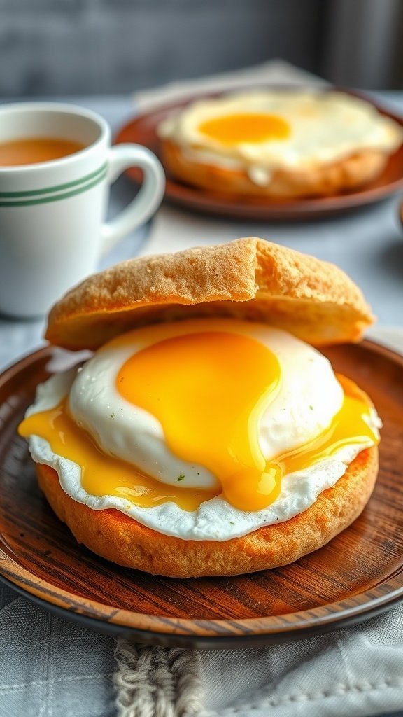 A delicious egg and cheese breakfast sandwich served on a wooden plate.