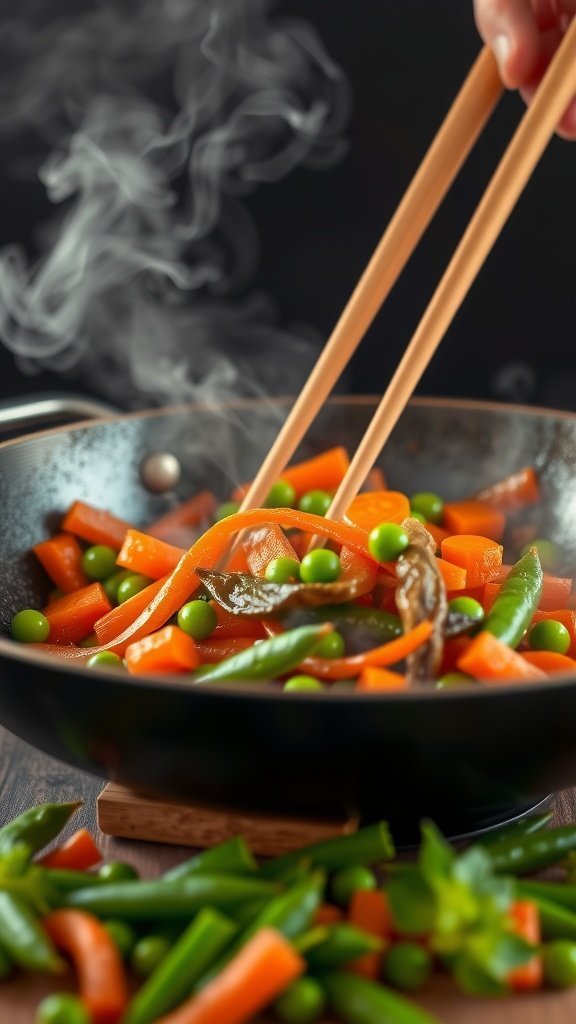 A vibrant carrot and pea stir-fry being prepared in a frying pan.