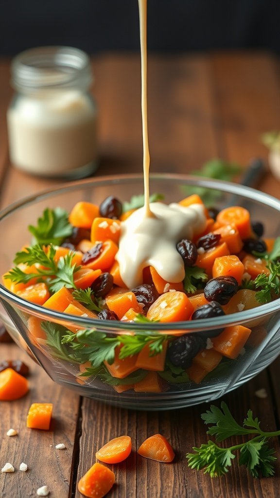 A bowl of colorful carrot and raisin salad being drizzled with creamy dressing.