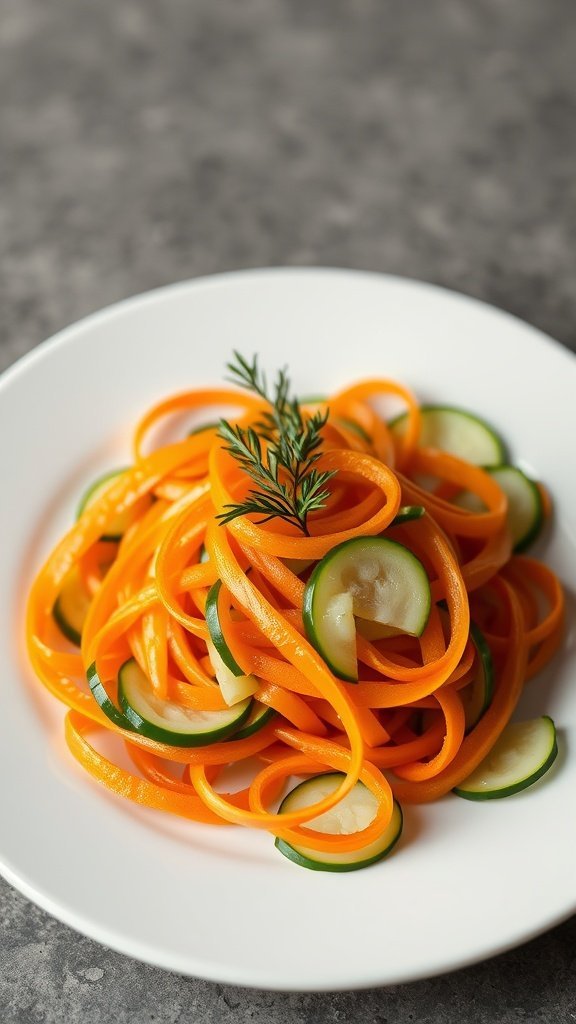 A vibrant carrot and cucumber ribbon salad garnished with fresh herbs.