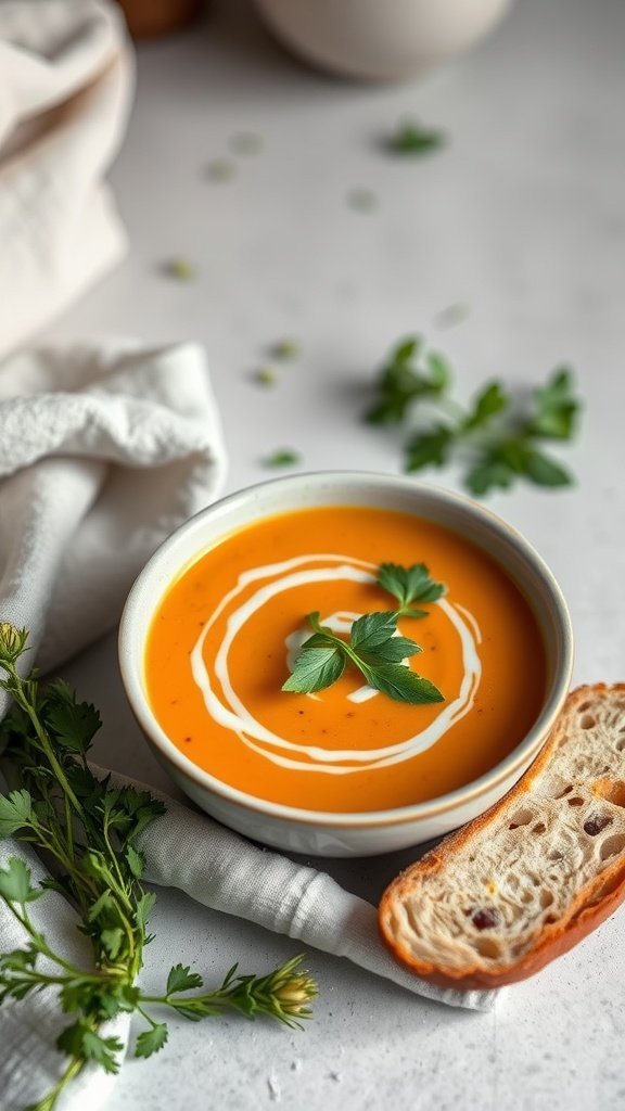 A bowl of carrot and ginger soup garnished with herbs and accompanied by a slice of bread.