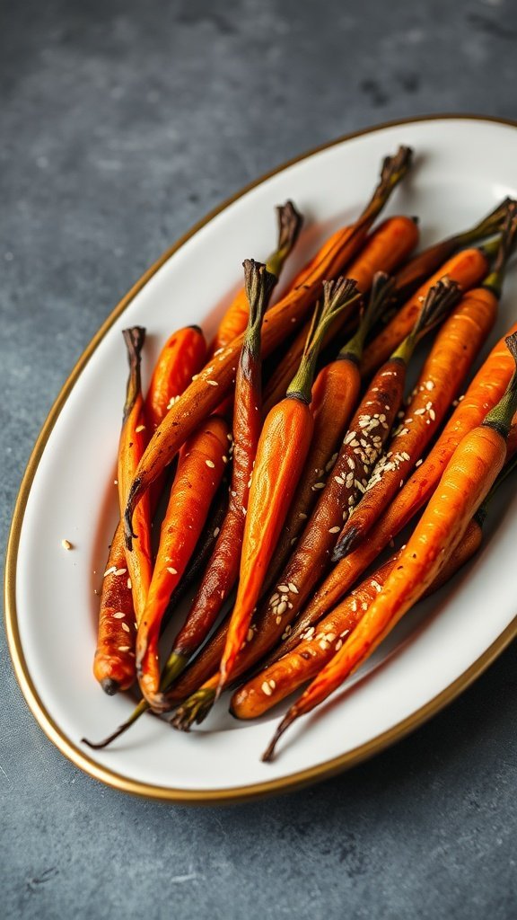 A platter of maple roasted carrots sprinkled with sesame seeds, showcasing their vibrant orange color.