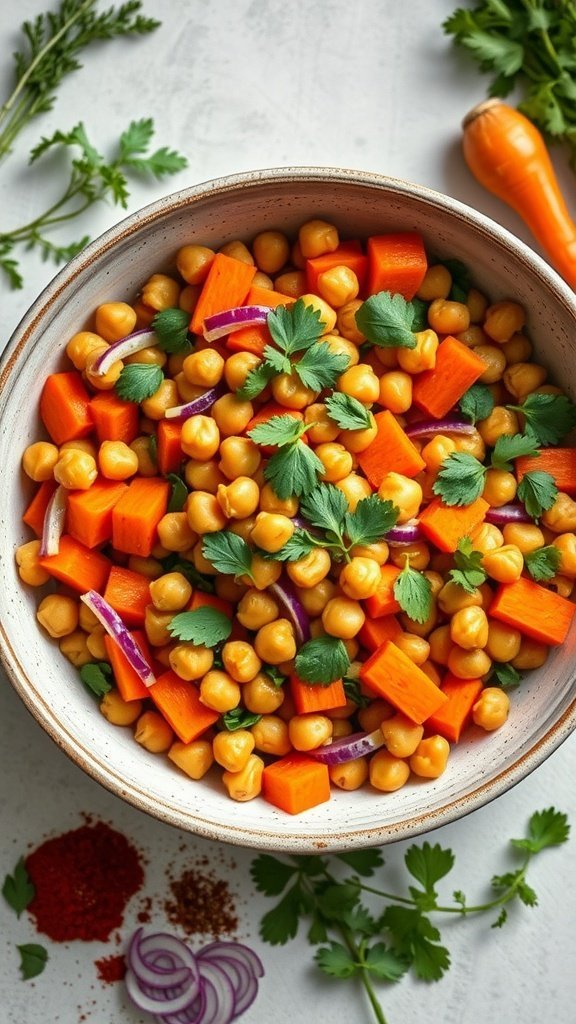 A vibrant bowl of spicy carrot and chickpea salad with fresh herbs and colorful ingredients.