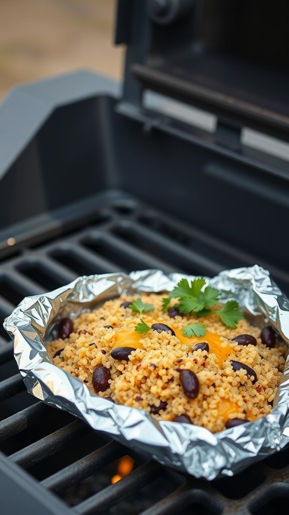 A foil packet containing cheesy quinoa and black beans on a grill