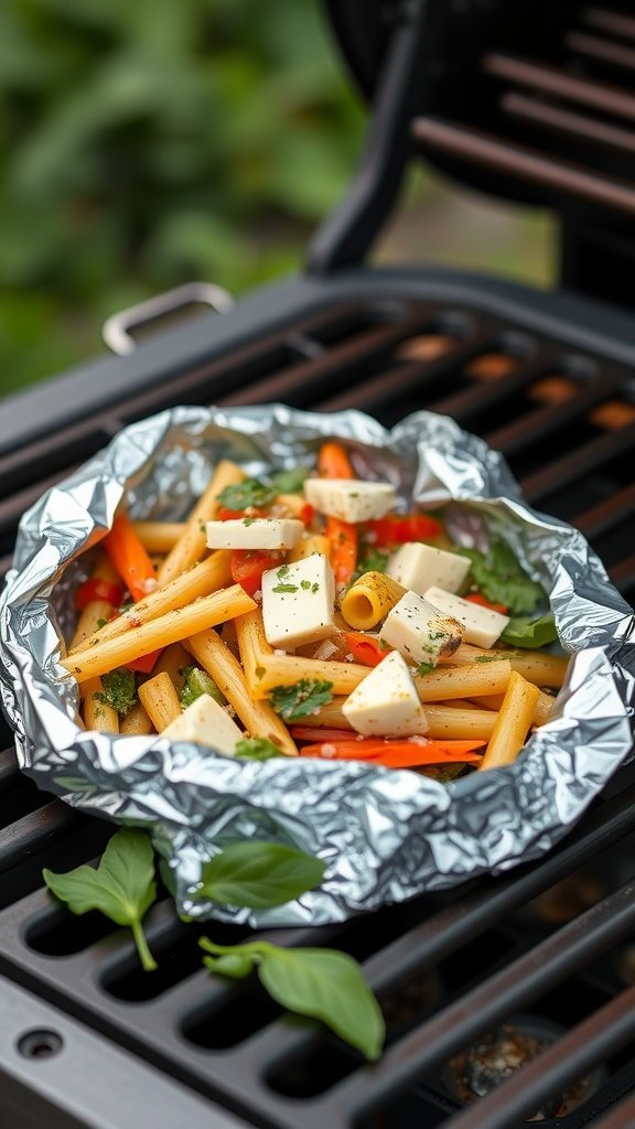 Vegetarian Pesto Pasta Bake in a foil packet on a grill