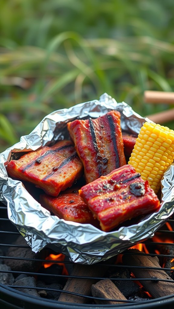 A delicious serving of smoky BBQ ribs with corn on the cob in foil.