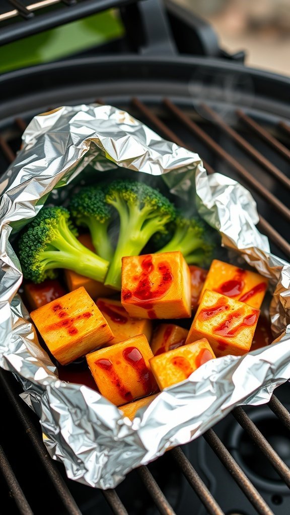 Foil packet with teriyaki tofu and broccoli ready for grilling.