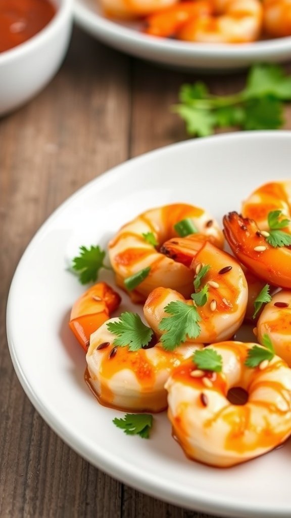 Sweet and Spicy Teriyaki Shrimp served on a plate with cilantro garnish.