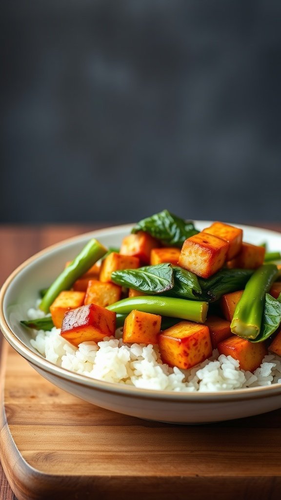 A bowl of teriyaki tofu with bok choy over rice, garnished with green vegetables.