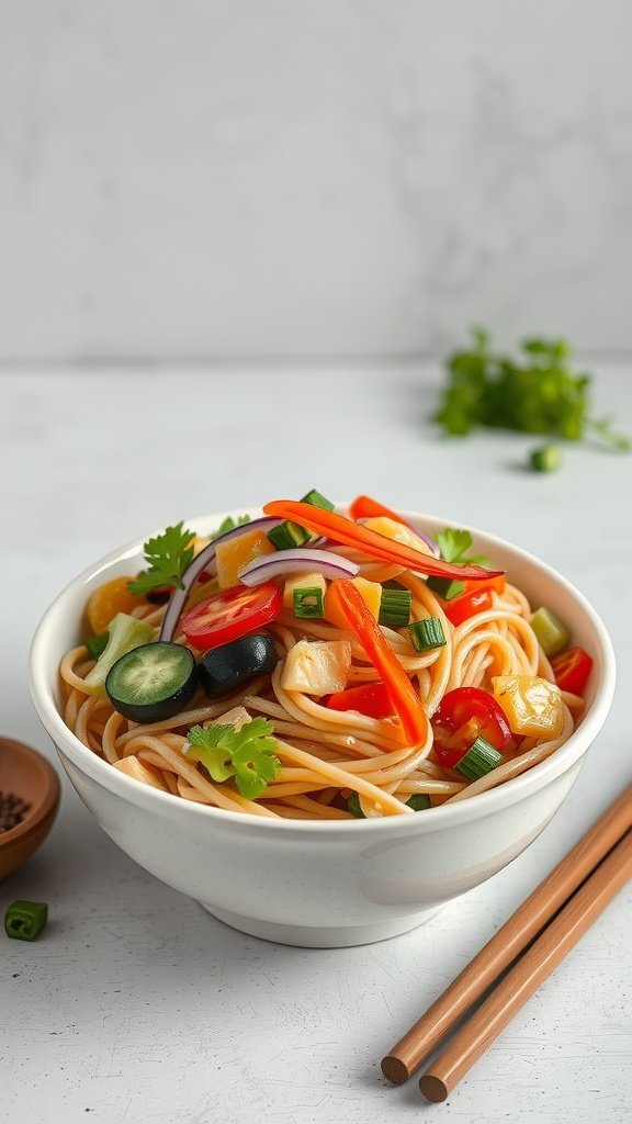 A bowl of colorful Teriyaki Noodle Salad with fresh vegetables and noodles