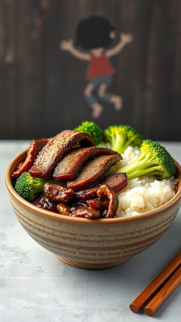 A delicious teriyaki beef bowl with rice and broccoli.