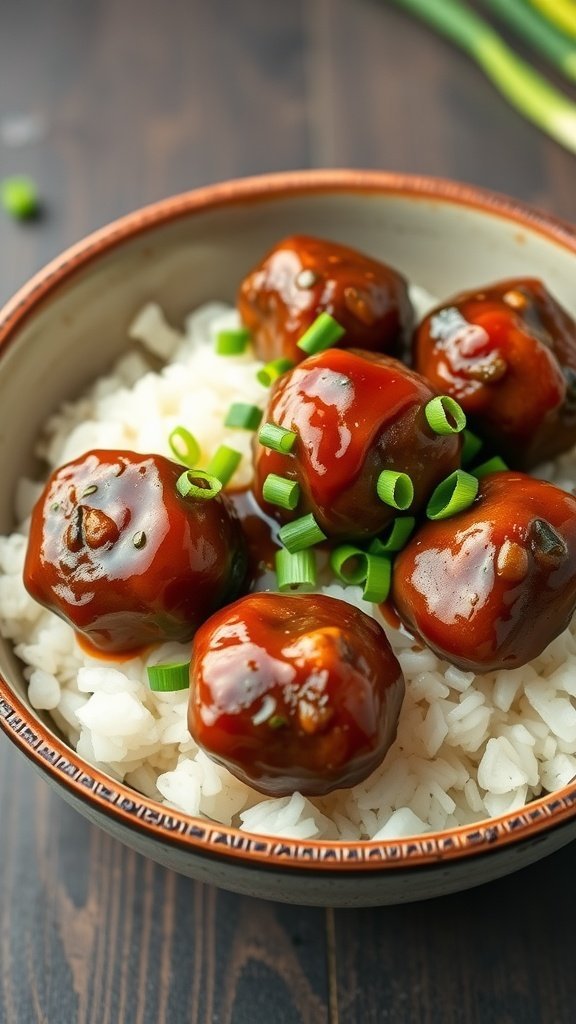 A bowl of teriyaki meatballs over rice, garnished with green onions.