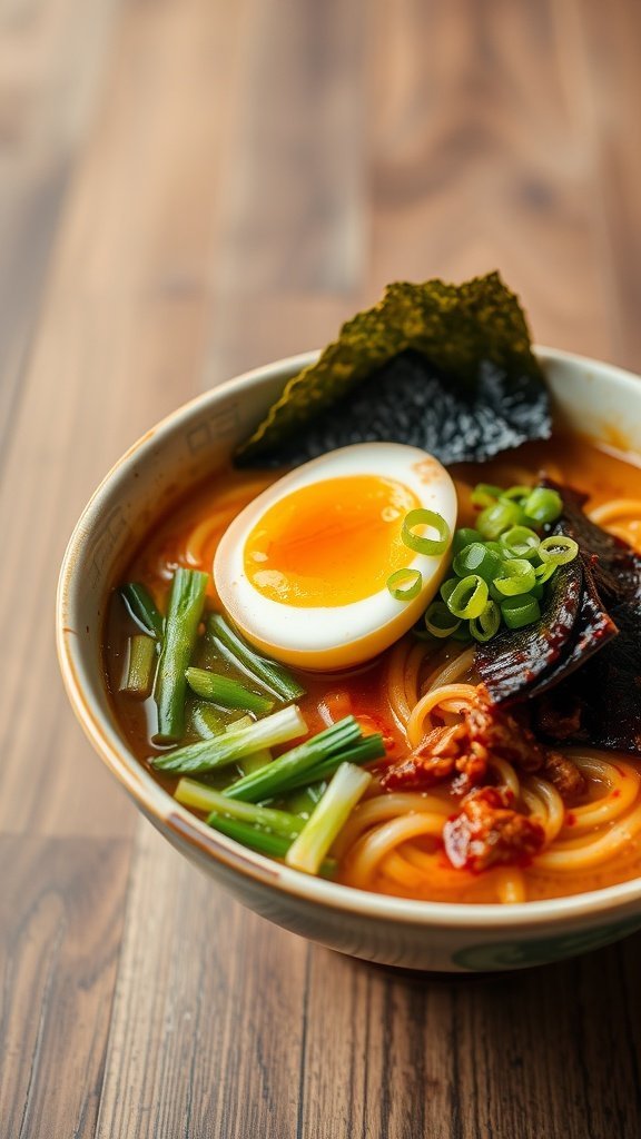 A bowl of Teriyaki Ramen topped with a soft-boiled egg and garnished with green onions and nori.