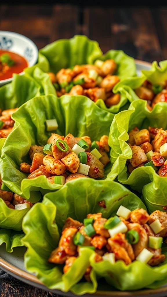 Chicken teriyaki lettuce wraps arranged on a plate.