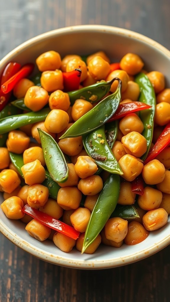 A colorful bowl of Teriyaki Chickpea Stir-Fry with chickpeas, snap peas, and red bell pepper.