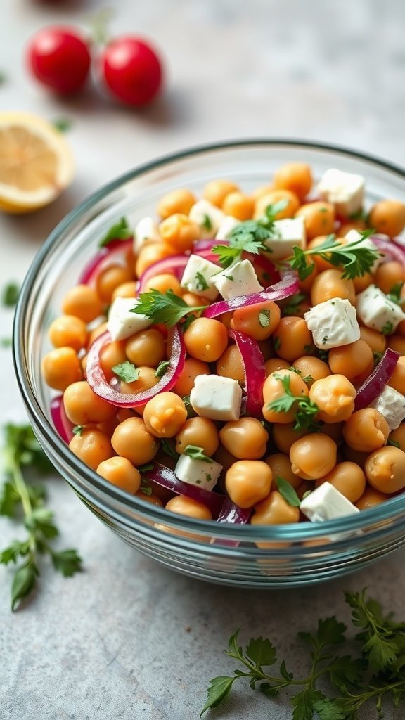 A bowl of Greek Chickpea Salad featuring chickpeas, tomatoes, cucumber, red onion, feta cheese, and parsley.