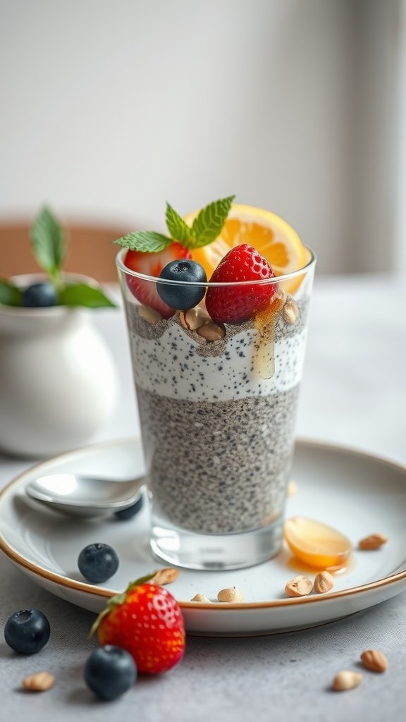 A delicious layer of chia seed pudding topped with fresh berries and nuts.