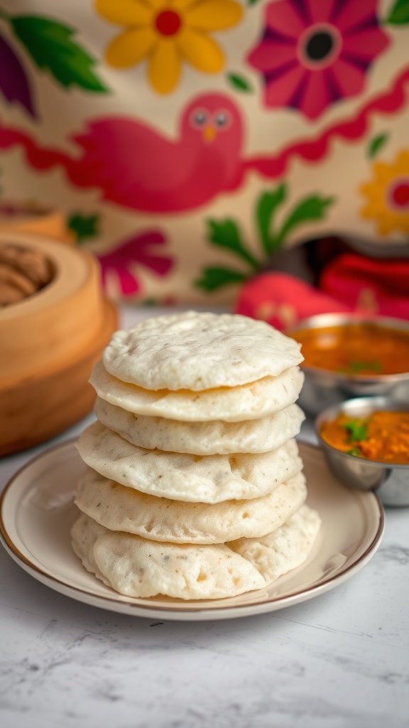 A stack of fluffy idlis served with sambar.