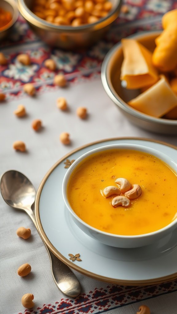 A bowl of Sweet Rawa Kesari garnished with cashews and colorful saffron.