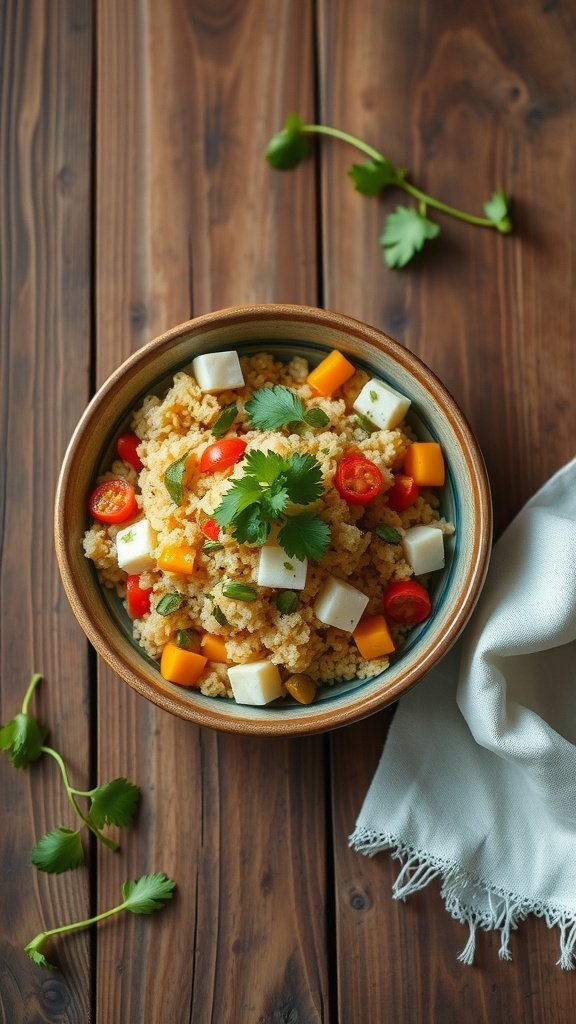 Bowl of savory Upma with colorful vegetables and garnish.