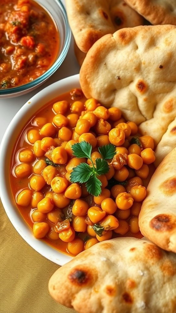 A bowl of Chole with fluffy Bhature, garnished with coriander leaves.