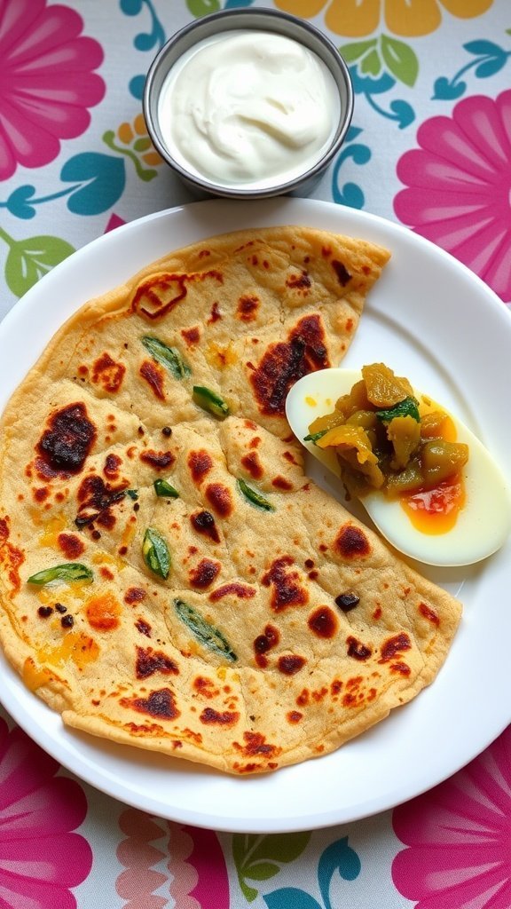 A plate of Spicy Mixed Vegetable Paratha served with yogurt and chutney