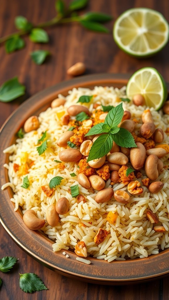 A bowl of Aromatic Poha with Peanuts garnished with fresh coriander and lime slices.