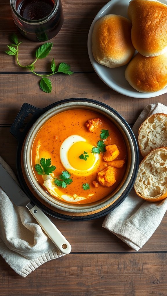 A bowl of egg curry with boiled eggs and spices served with soft bread.