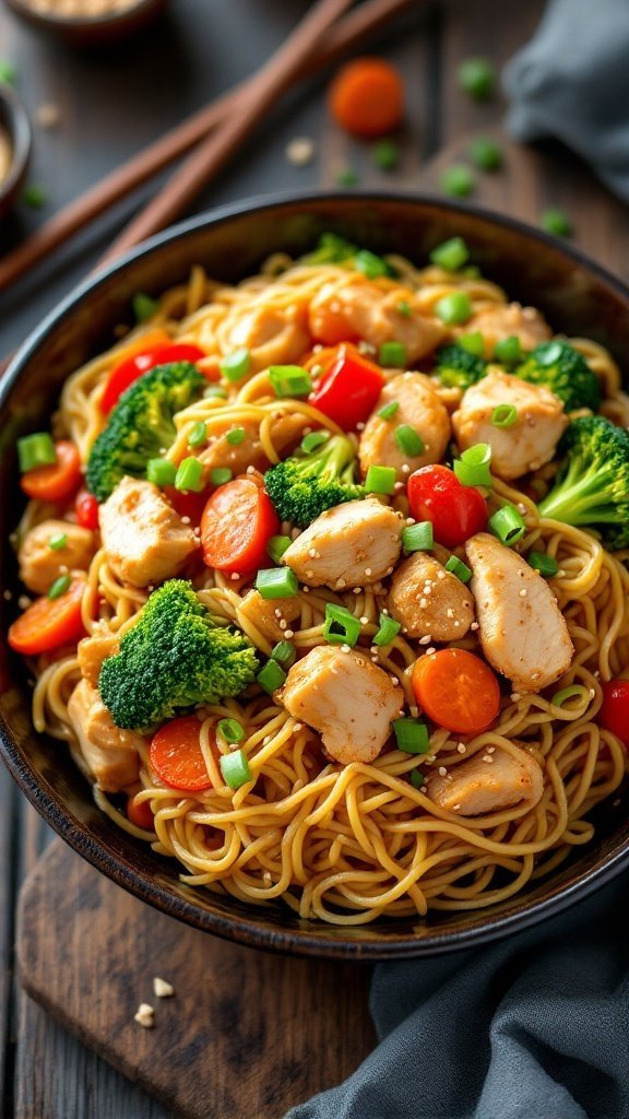 A bowl of chicken ramen stir fry with colorful vegetables and ramen noodles, garnished with green onions and sesame seeds.