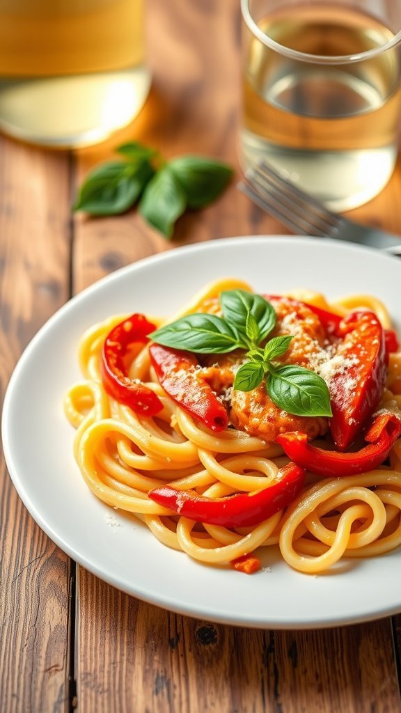 A plate of creamy roasted bell pepper pasta garnished with basil and Parmesan.