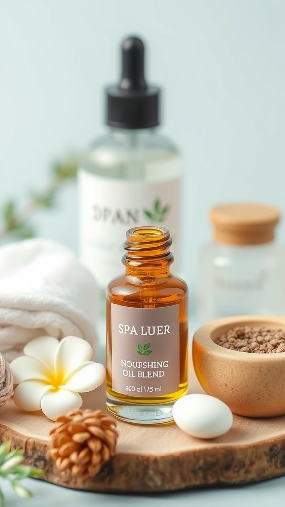 A bottle of nourishing coconut and castor oil blend surrounded by coconuts and nuts.