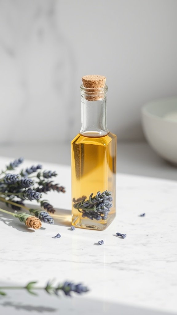 A bottle of jojoba oil surrounded by lavender flowers