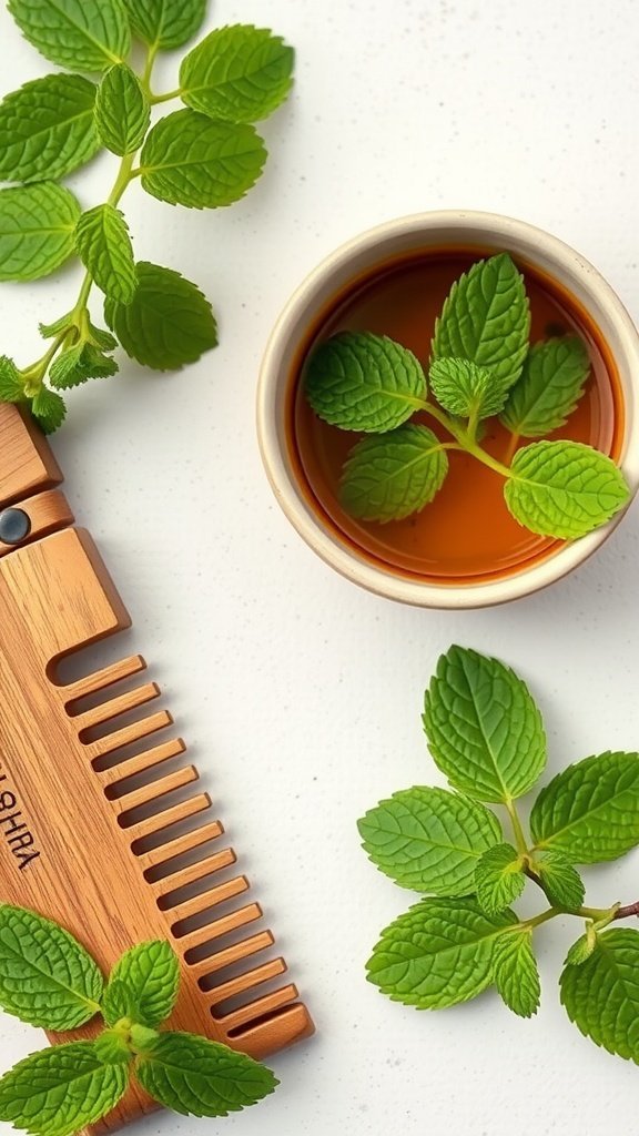 Peppermint oil infusion for scalp stimulation with fresh peppermint leaves and a wooden comb.