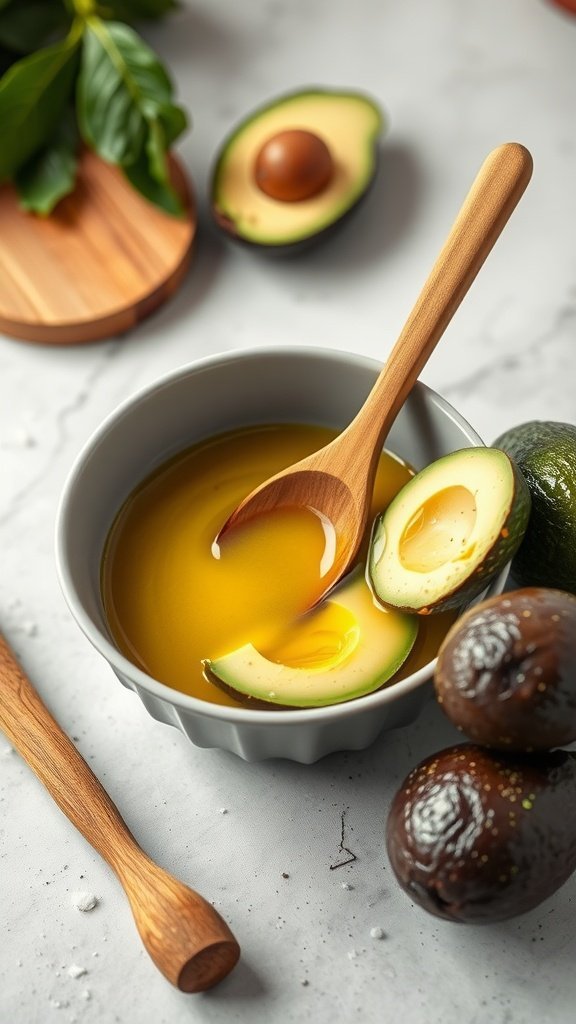 A bowl of avocado oil with halved avocados and a wooden spoon.