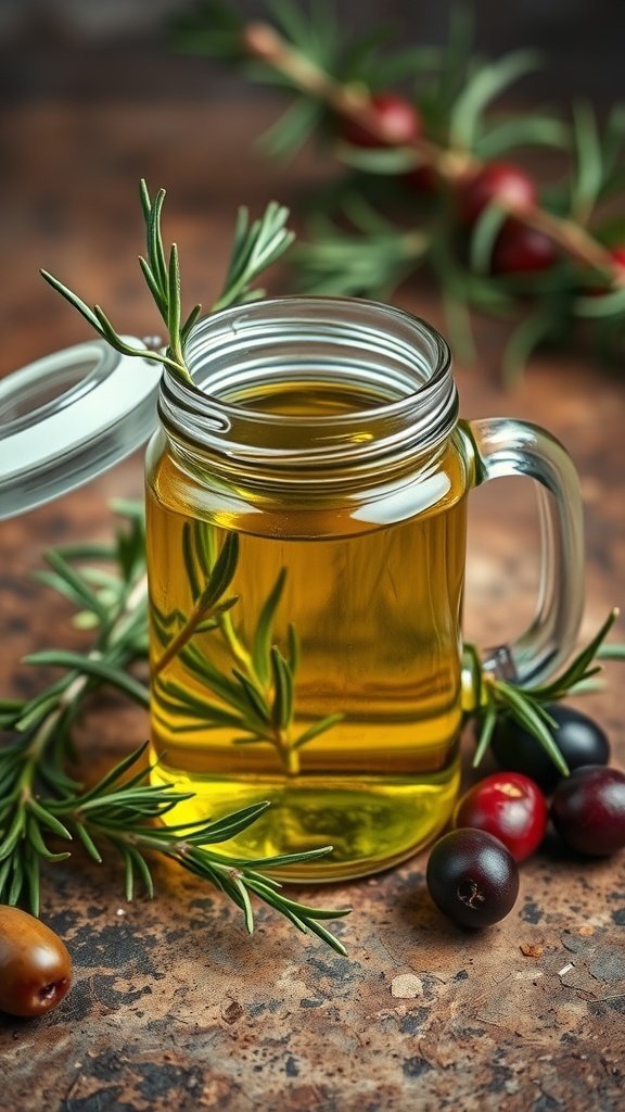 A jar of rosemary-infused olive oil on a rustic surface, surrounded by fresh rosemary sprigs and olives.