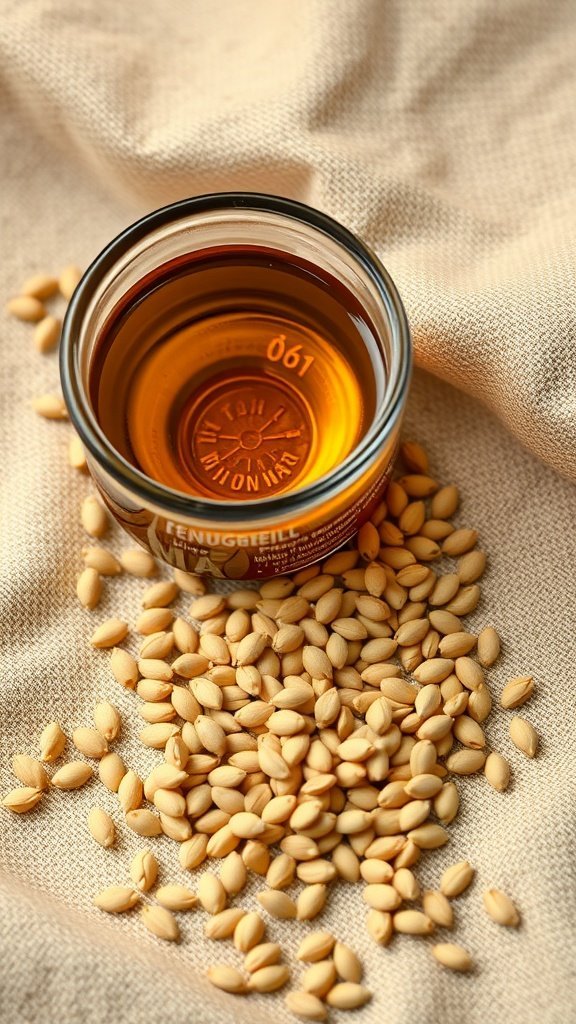 A jar of fenugreek seed oil with fenugreek seeds scattered around it.