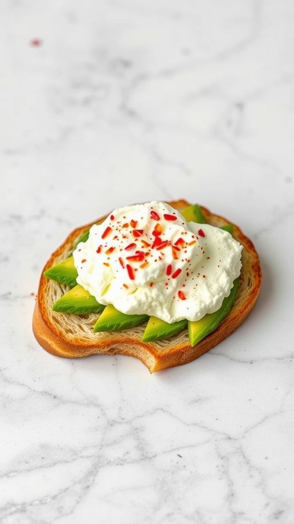 A slice of toast topped with avocado slices and cottage cheese.