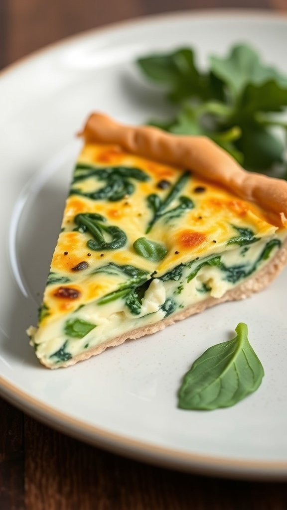 A slice of savory cottage cheese quiche with spinach on a plate, garnished with fresh greens.